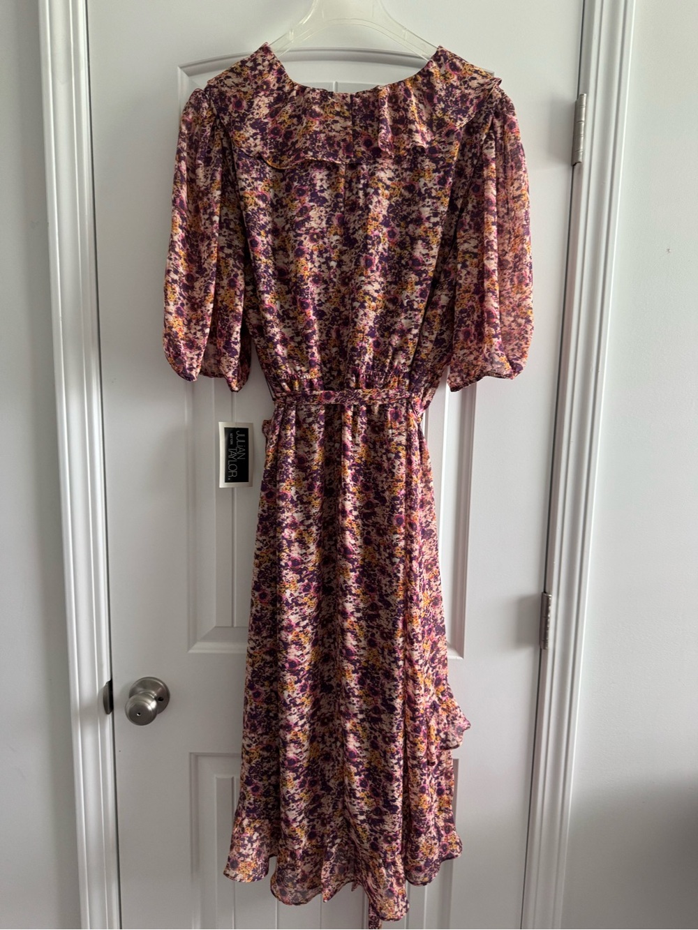 Julian Taylor Purple Floral Wrap Midi Dress with Ruffle Trim - Picture 4 of 7